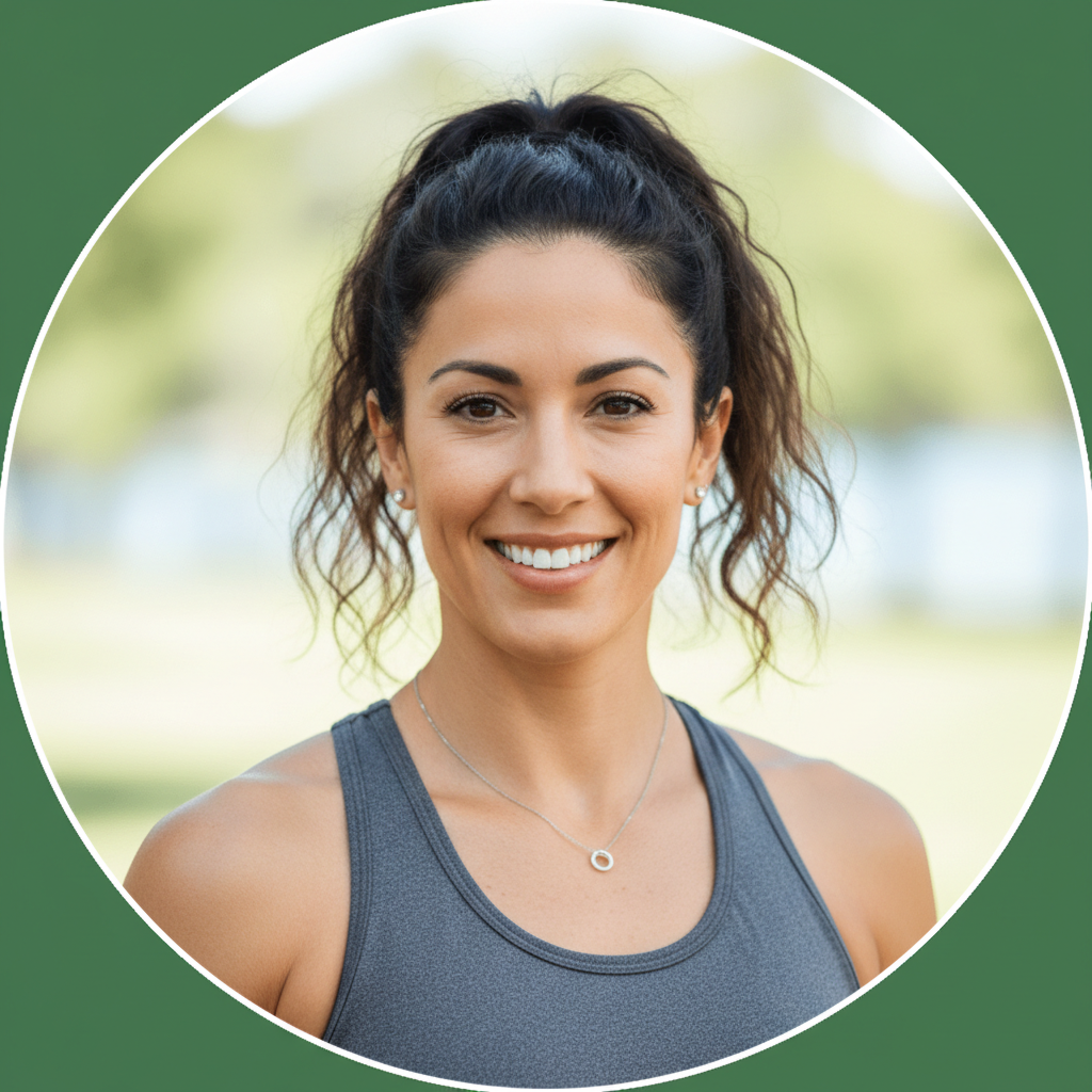 small circular avatar photo of an adult person for a fitness client testimonial section, bright but natural lighting, simple background
