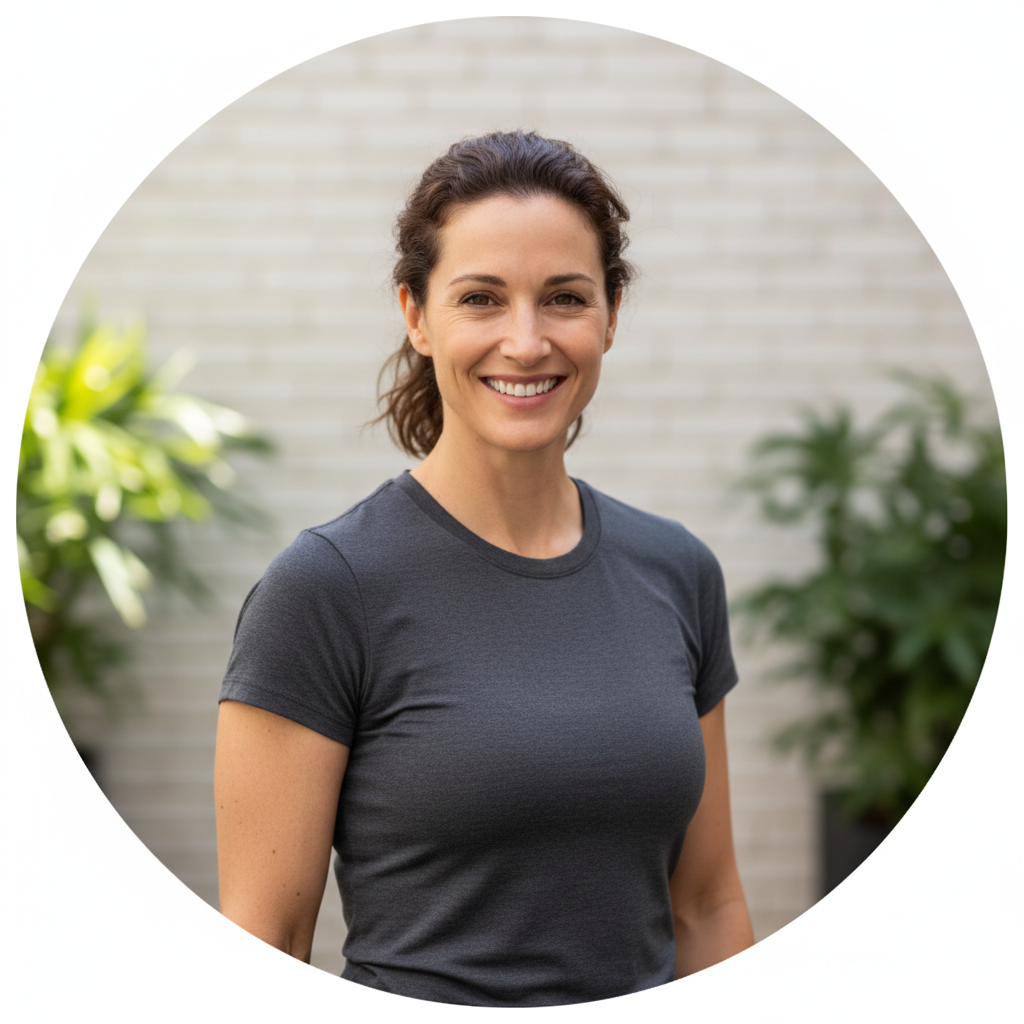small circular avatar photo of an adult person for a fitness client testimonial section, bright but natural lighting, simple background